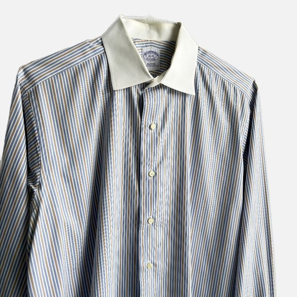 Brooks Brothers Men's Dress Shirt, Pinstripe blue and brown, Size 16-35 - Picture 2 of 7